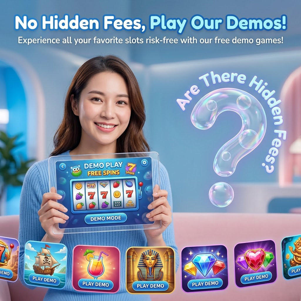"A 1:1 image presenting Yggdrasil's commitment to transparency and no hidden fees for SEA players, showcasing a friendly Asian female presenter next to a futuristic UI of a tablet highlighting demo versions and inviting icon visuals."