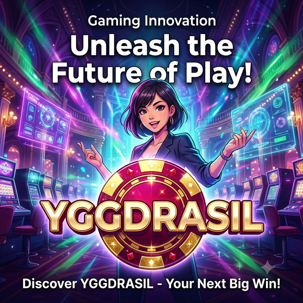 An energetic young Asian female presenter in a fantasy casino setting reveals the "YGGDRASIL" brand logo, promoting gaming innovation with a futuristic anime style and casino allure, featuring bold colors and engaging calls to action.