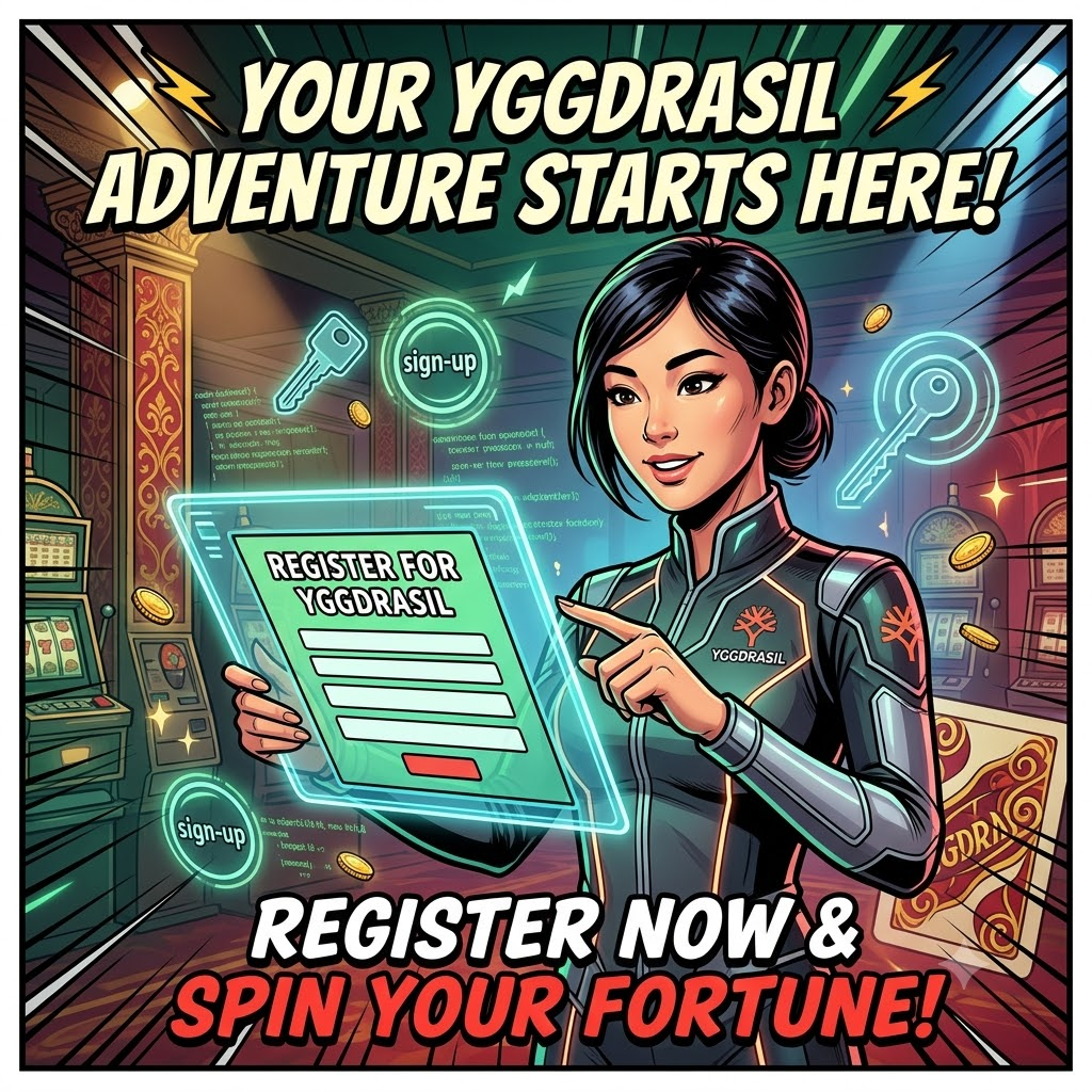 A young Asian female presenter in a comic book style with a casino theme demonstrates how to register for Yggdrasil slots online, utilizing a holographic tablet and featuring clear headlines and calls-to-action for a fun and engaging experience.