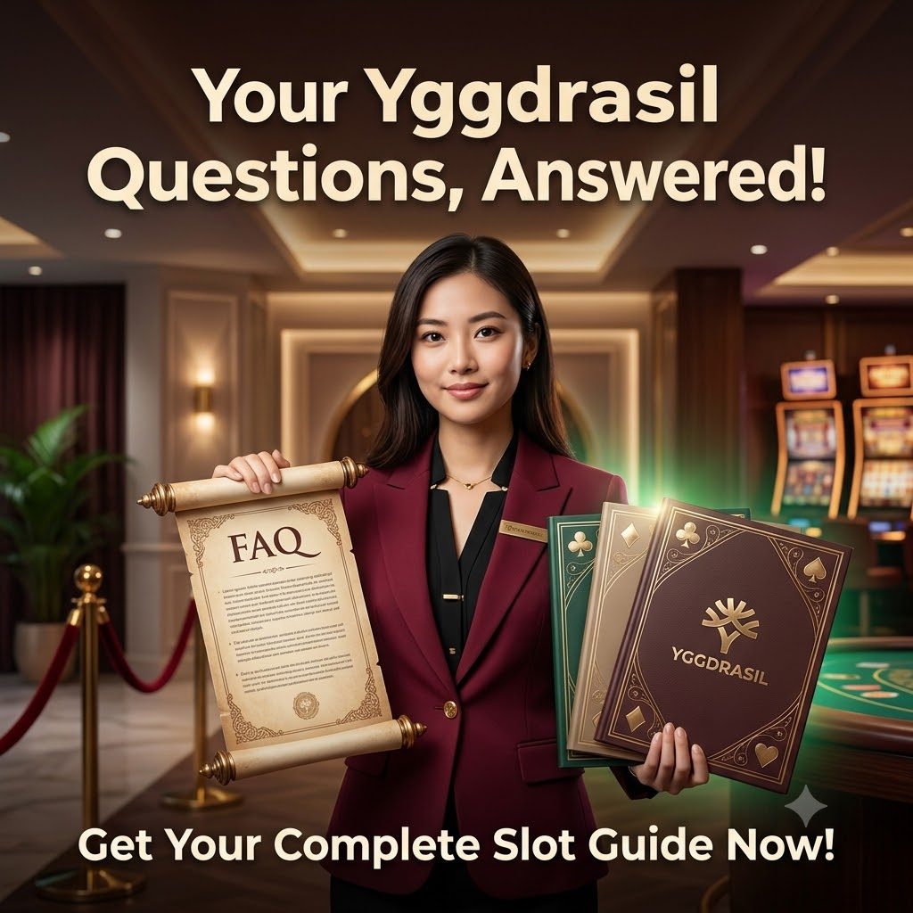 A realistic depiction of a young Asian female presenter offering a complete guide to Yggdrasil slots online, addressing frequently asked questions with a sophisticated casino theme and clear calls to action for accessing valuable information.