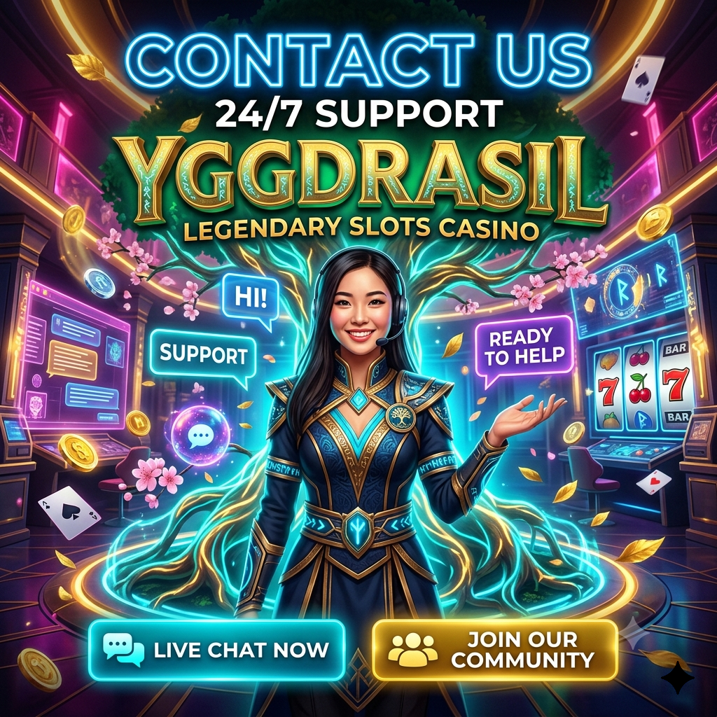 Welcoming Asian female support representative in magical Yggdrasil casino environment featuring glowing contact interfaces, neon tree roots, and bold typography highlighting 24/7 customer service availability for online slots gaming community assistance and engagement.