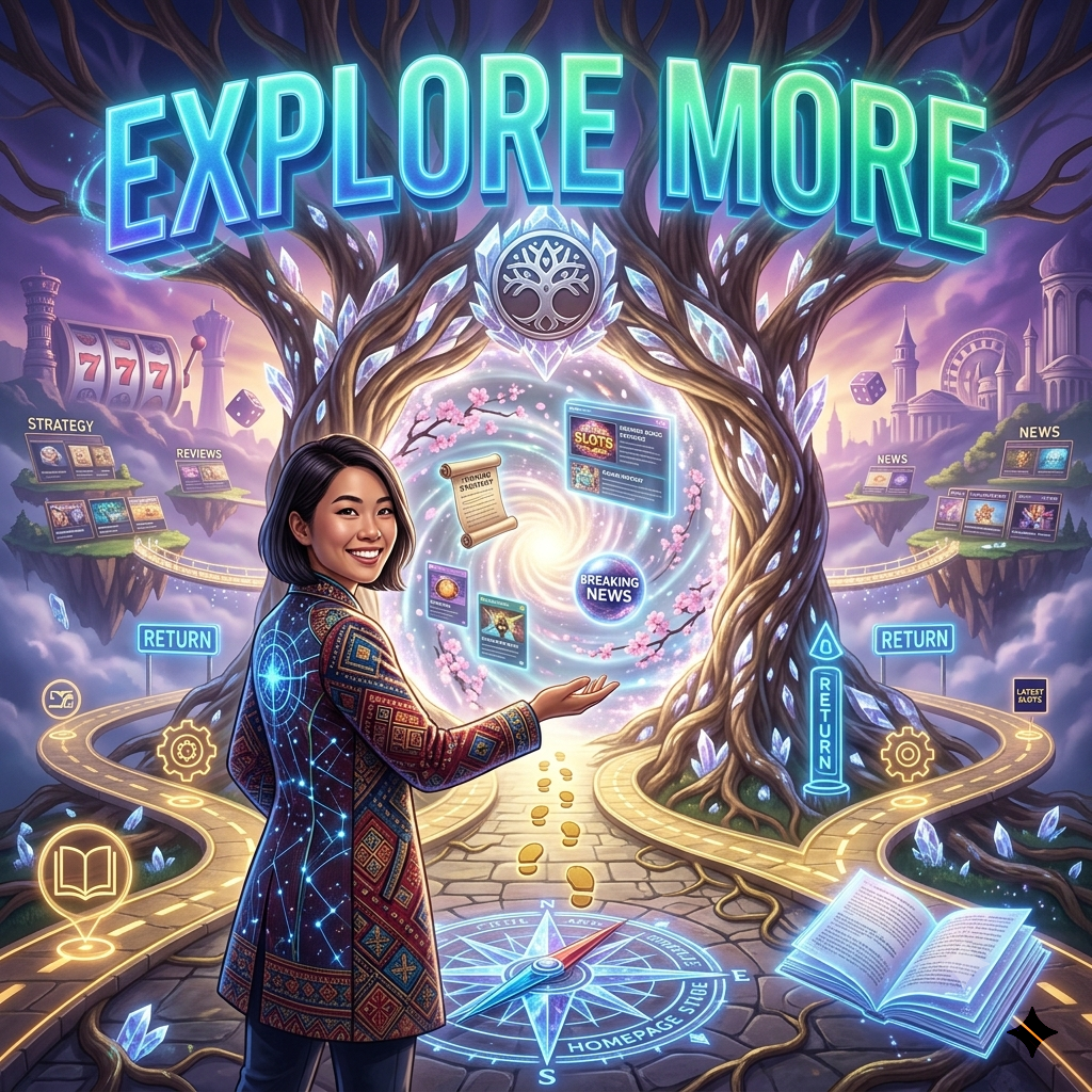 Singaporean female explorer at crystalline Yggdrasil gateway with holographic homepage content previews and golden pathways to slot guides, game reviews, and news with bold Explore More typography.