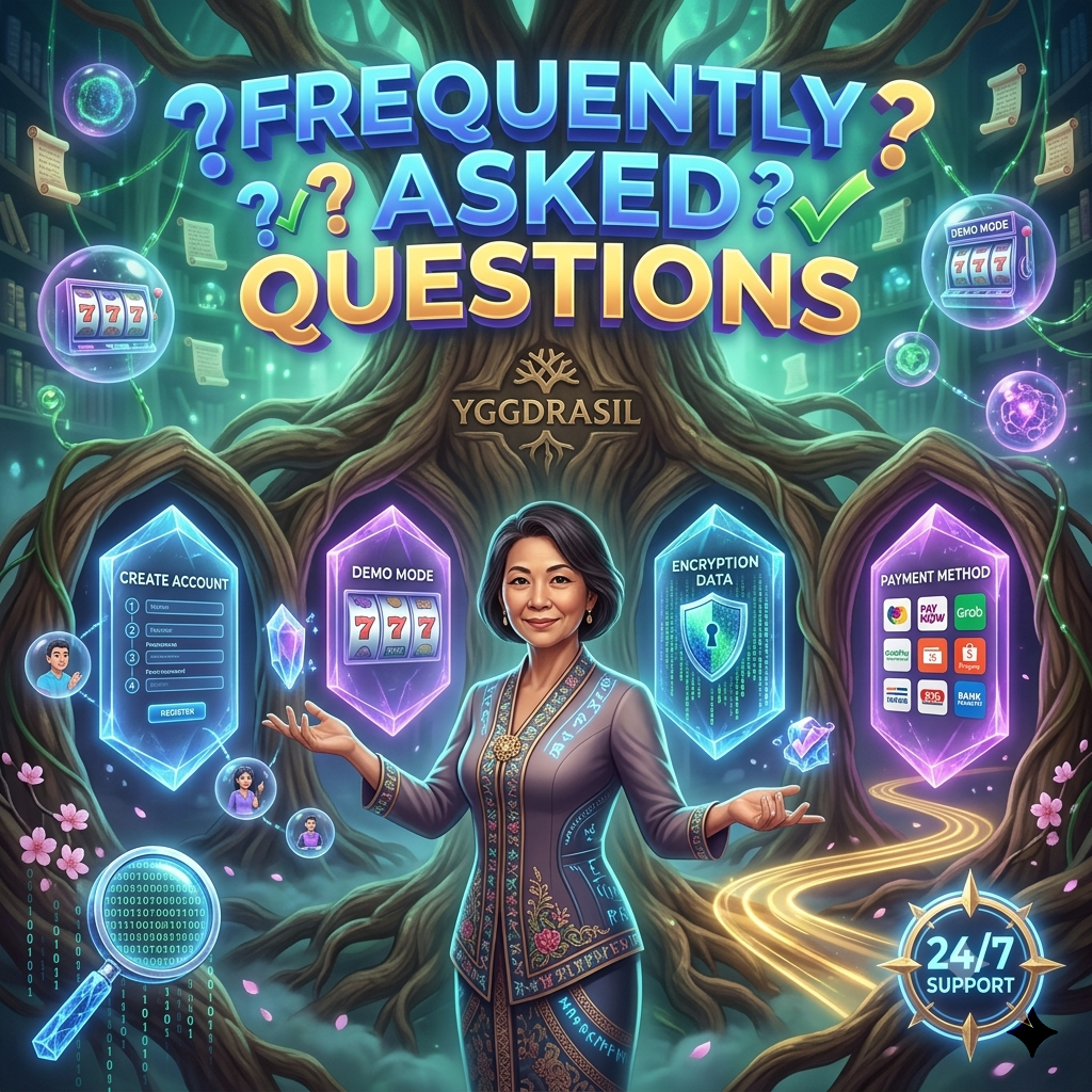Singaporean female knowledge keeper presenting holographic FAQ crystal panels showing account creation, demo games, security encryption, and payment methods in magical Yggdrasil library environment with bold Frequently Asked Questions typography.