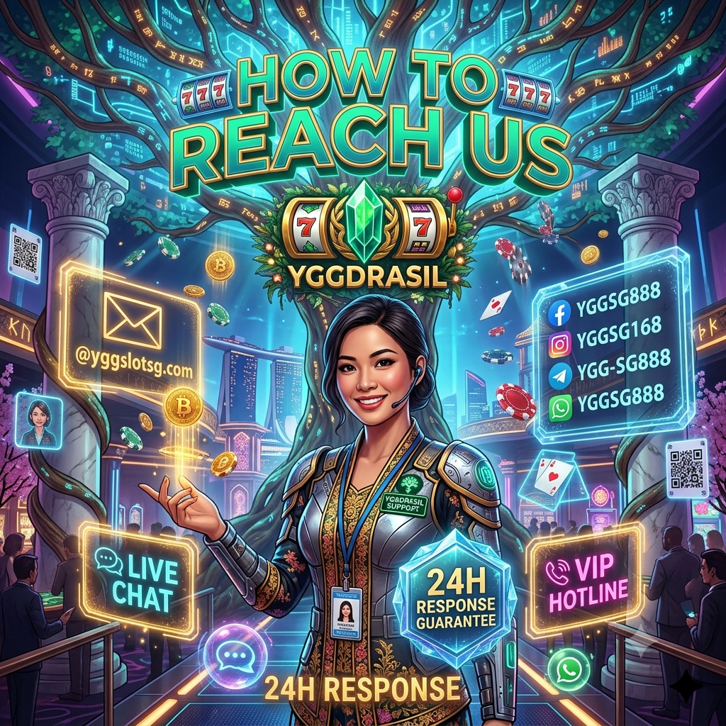 Singaporean female support concierge presenting holographic contact displays featuring email and social media channels including Facebook, Instagram, Telegram, and WhatsApp in magical Yggdrasil casino environment with bold typography highlighting 24-hour response guarantee.