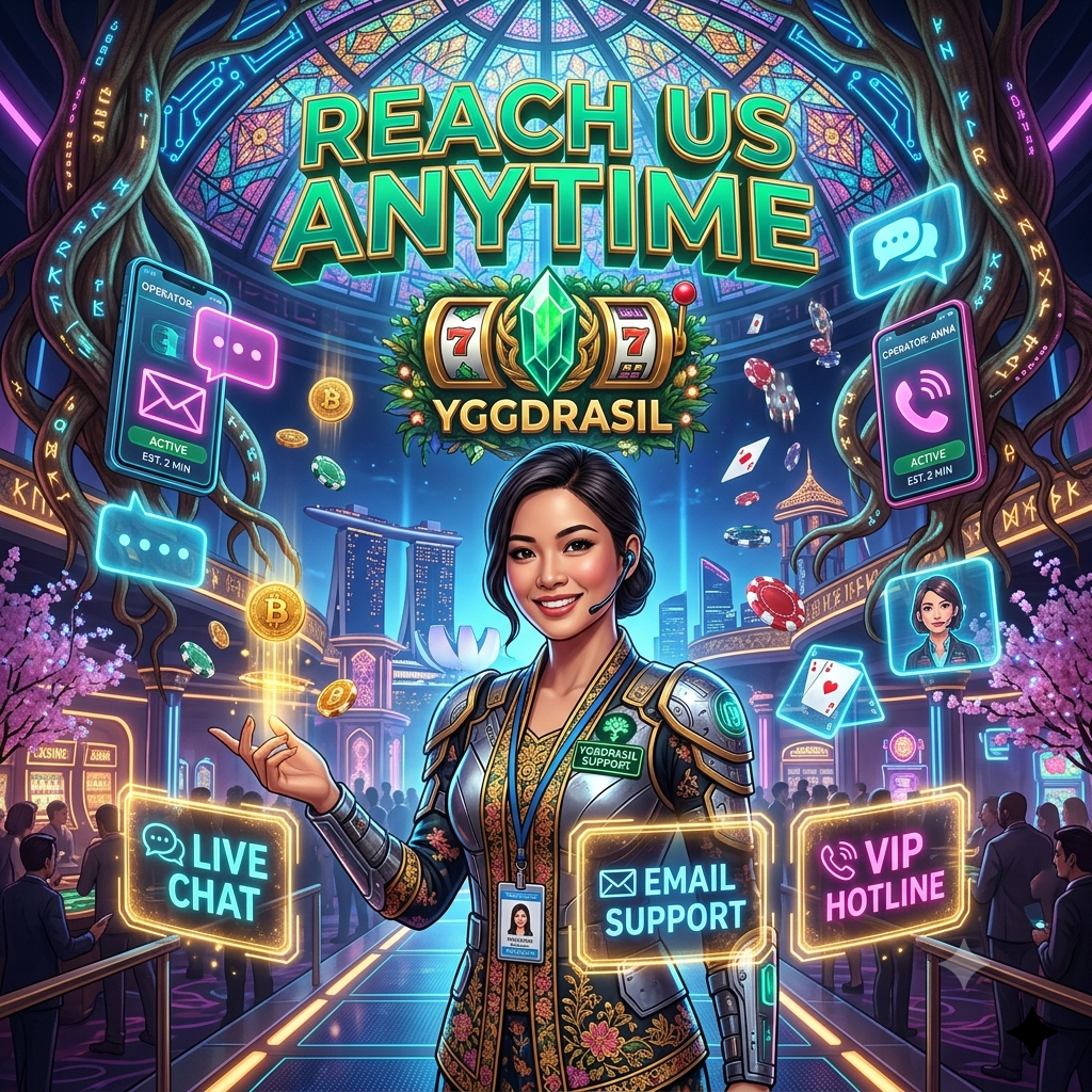 Professional Southeast Asian female support lead presenting holographic contact portals for live chat, email, and VIP hotline in futuristic Yggdrasil casino setting with neon tree roots and bold typography emphasizing 24/7 multi-channel customer service accessibility.