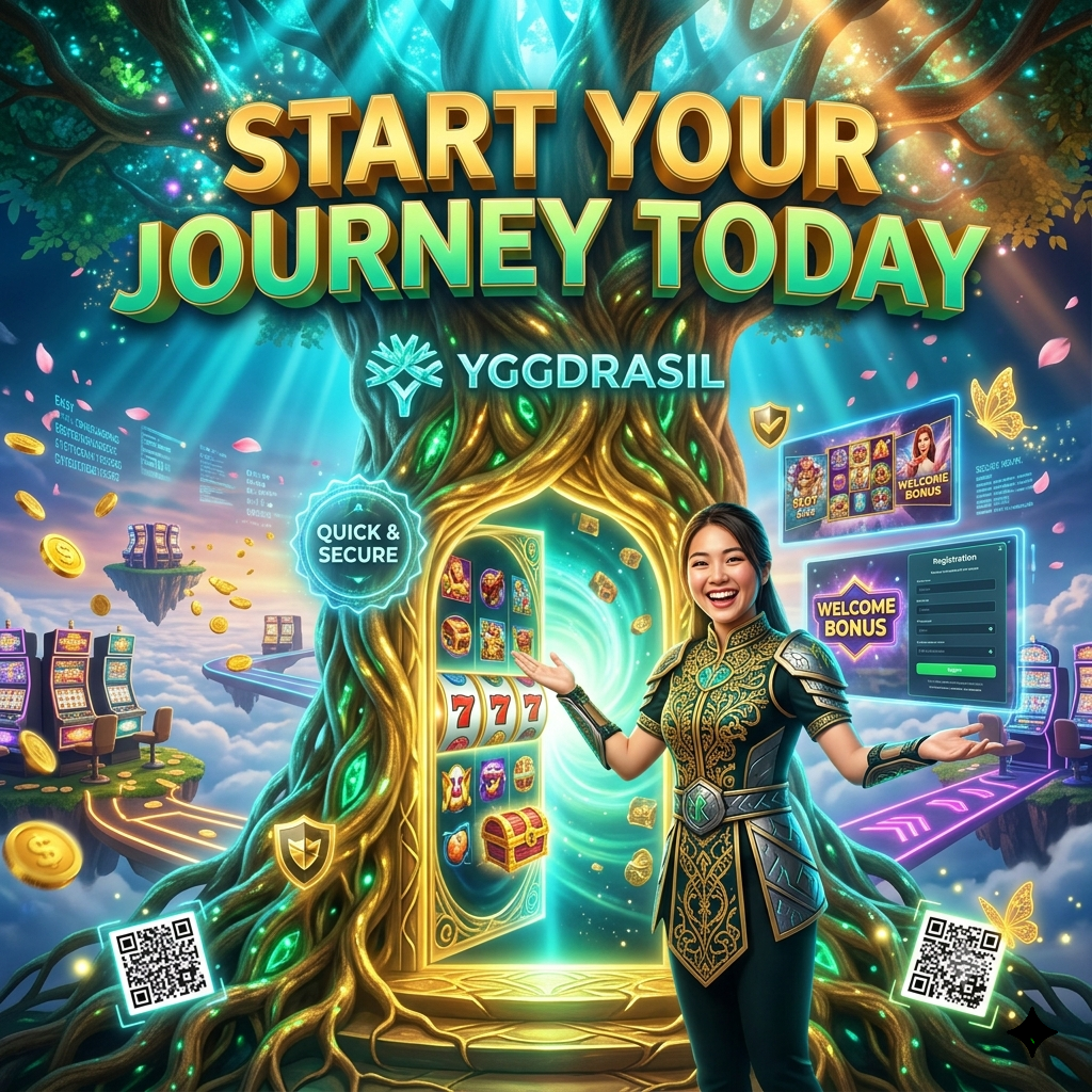 Welcoming Singaporean female gaming ambassador inviting new players through golden Yggdrasil gateway portal with glowing registration interface, welcome bonus displays, and slot game previews in luxurious high-tech casino environment with bold Start Your Journey typography.