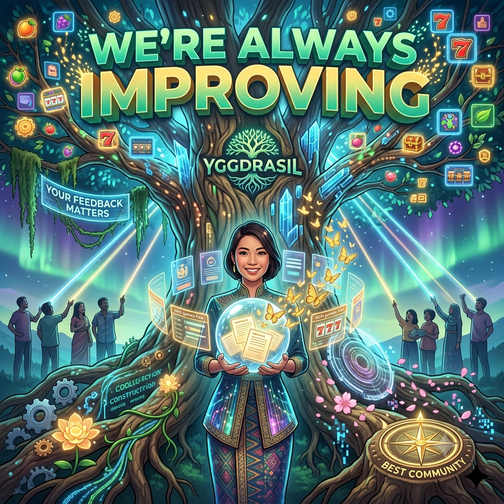 Singaporean female community architect nurturing evolving Yggdrasil tree with golden butterflies carrying player feedback transforming into new slot features and platform improvements in bioluminescent grove with bold We're Always Improving typography.