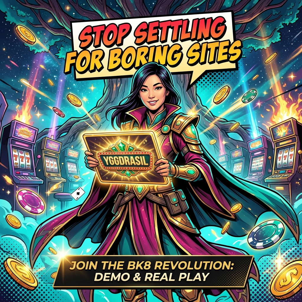 A dynamic comic book style illustration featuring a Young Asian female presenter in a fantasy casino, highlighting premium Yggdrasil slots and BK8 gaming for Southeast Asian players with bold colors, vibrant lighting, and clear call-to-action text.