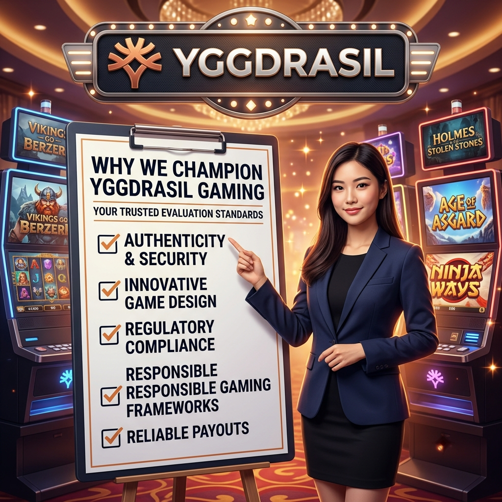 A compelling 1:1 square image featuring a young Asian female presenter in a vibrant casino setting, presenting our rigorous evaluation criteria for Yggdrasil Gaming platforms. The checklist emphasizes game quality, security, fairness, and user experience, set against a backdrop of stylish slot machines, embodying our commitment to recommending only the best in online gaming, complemented by the prominent YGGDRASIL logo.