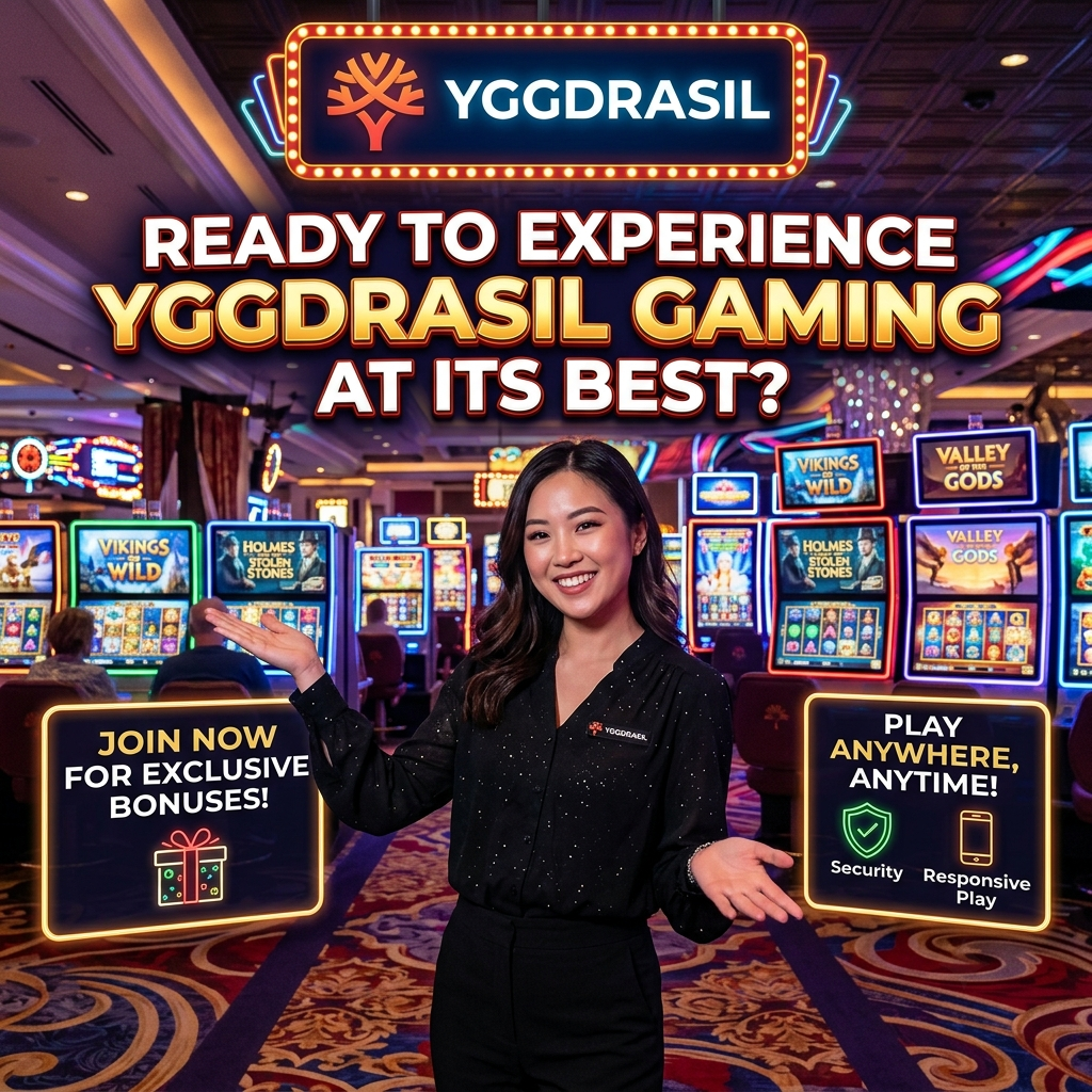 An engaging 1:1 square image featuring a young Asian female presenter enthusiastically inviting viewers to experience Yggdrasil Gaming at its best. The lively casino backdrop highlights exciting features like exclusive bonuses, security, and mobile optimization, set against colorful slot machines. Clear text invites engagement, emphasizing safe and innovative gameplay alongside the prominent YGGDRASIL logo, making it an ideal representation of the journey ahead for players.