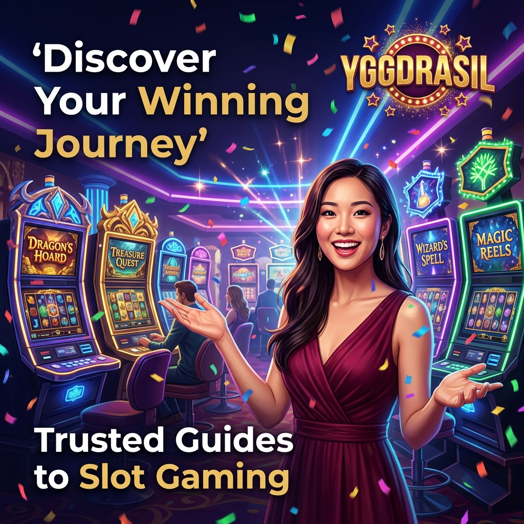 A vibrant 1:1 square image featuring a young Asian female presenter in an enchanting fantasy casino setting, inviting viewers to discover premium slot gaming. The scene is alive with colorful slot machines, confetti, and bold typography promoting trustworthy guidance, highlighted by the YGGDRASIL logo, aimed to engage and excite potential gamers.