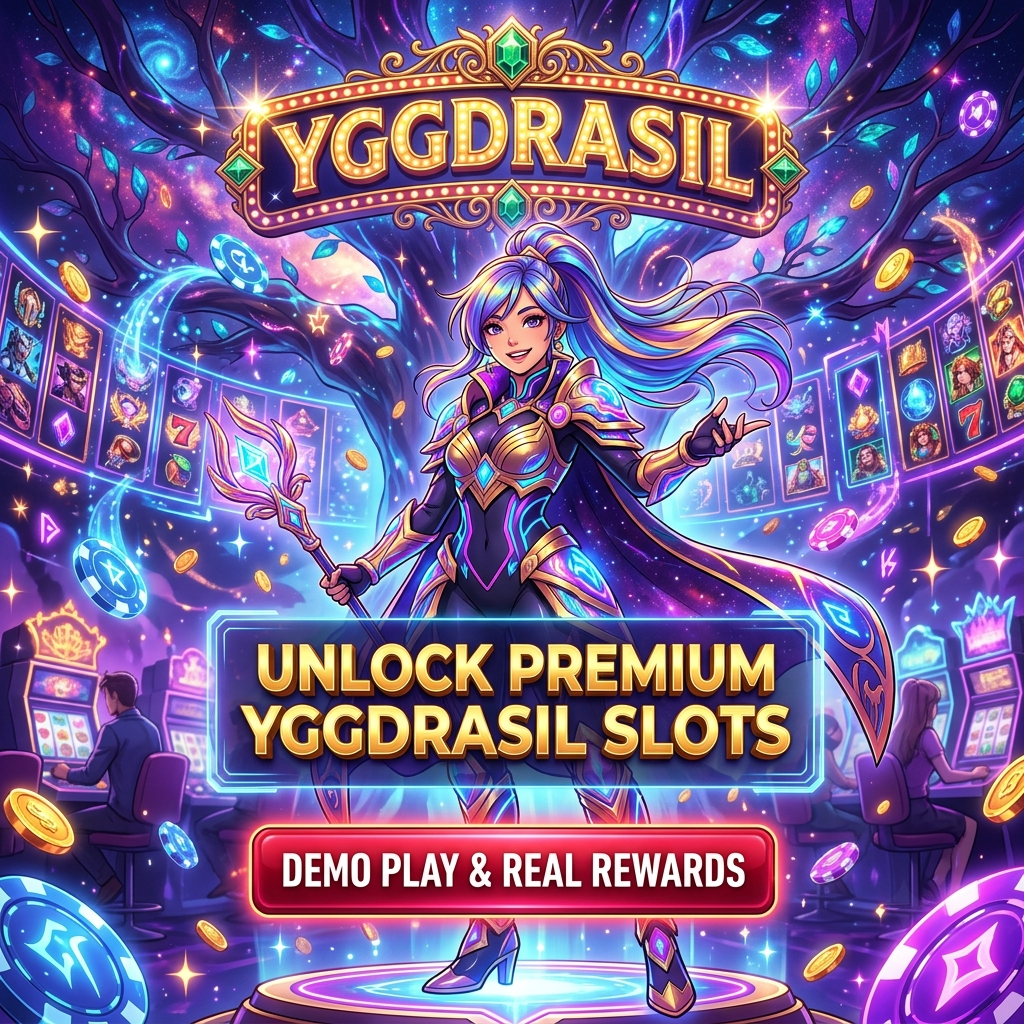 A vibrant anime-style illustration of a Young Asian female presenter in a fantasy casino setting, promoting Yggdrasil slots with bold gold typography, glowing neon lights, and a celestial world tree background to encourage demo play and real money rewards engagement.