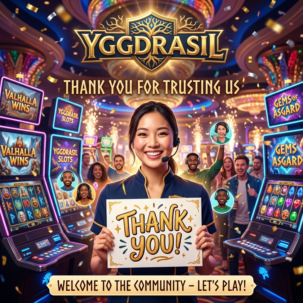 A vibrant 1:1 square image featuring a young Asian female presenter joyfully thanking players for trusting us, celebrating the community formed around Yggdrasil Gaming. The lively casino backdrop with spinning slot machines and confetti illustrates the thrill of gaming, reinforcing messages of satisfaction, fair play, and exceptional entertainment, accompanied by the prominent YGGDRASIL logo.