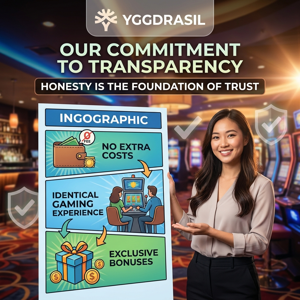 An informative 1:1 square image featuring a young Asian female presenter emphasizing our commitment to transparency in affiliate partnerships. Set against a professional casino backdrop, the image includes an engaging infographic highlighting key points like no extra costs and exclusive bonuses, visually reinforcing our commitment to honesty and trustworthiness, alongside the prominent YGGDRASIL logo.