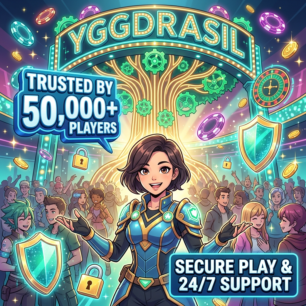A vibrant anime illustration of a Young Asian female presenter standing before a glowing Yggdrasil casino logo, representing a trusted community of 50,000 players with secure gaming, bold colors, and clear call-to-action text.