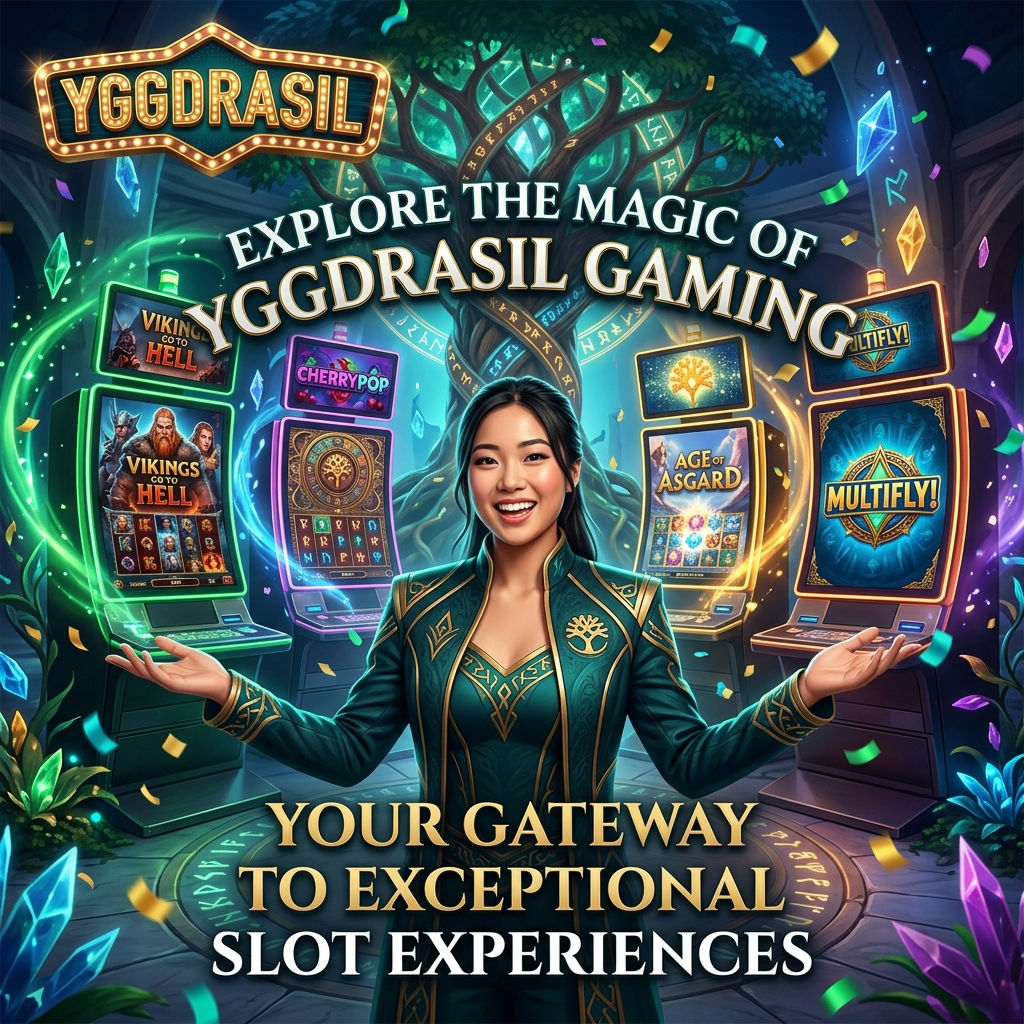An engaging 1:1 square image featuring a young Asian female presenter in a vibrant fantasy gaming atmosphere, representing the best of Yggdrasil Gaming. Surrounded by colorful slot machines and dynamic lighting, the image captures the excitement and innovation of Yggdrasil, promoting an inviting space for exceptional slot experiences, complemented by the prominent YGGDRASIL logo.