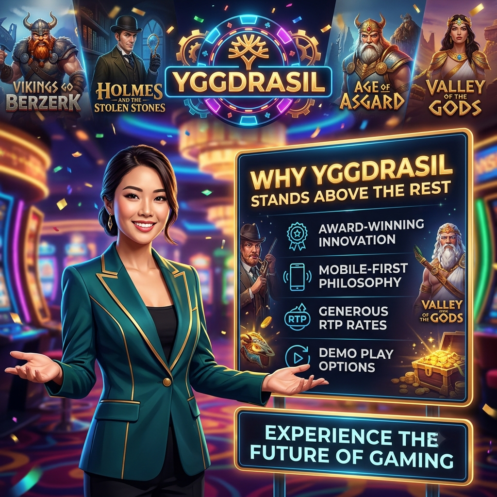 An engaging 1:1 square image featuring a young Asian female presenter celebrating Yggdrasil Gaming's remarkable qualities, highlighting their award-winning titles and mobile-first approach. The infographic showcases key strengths such as generous RTP rates and demo play options against a backdrop of visually stunning slot graphics, conveying a powerful message about the future of slots gaming alongside the prominent YGGDRASIL logo.