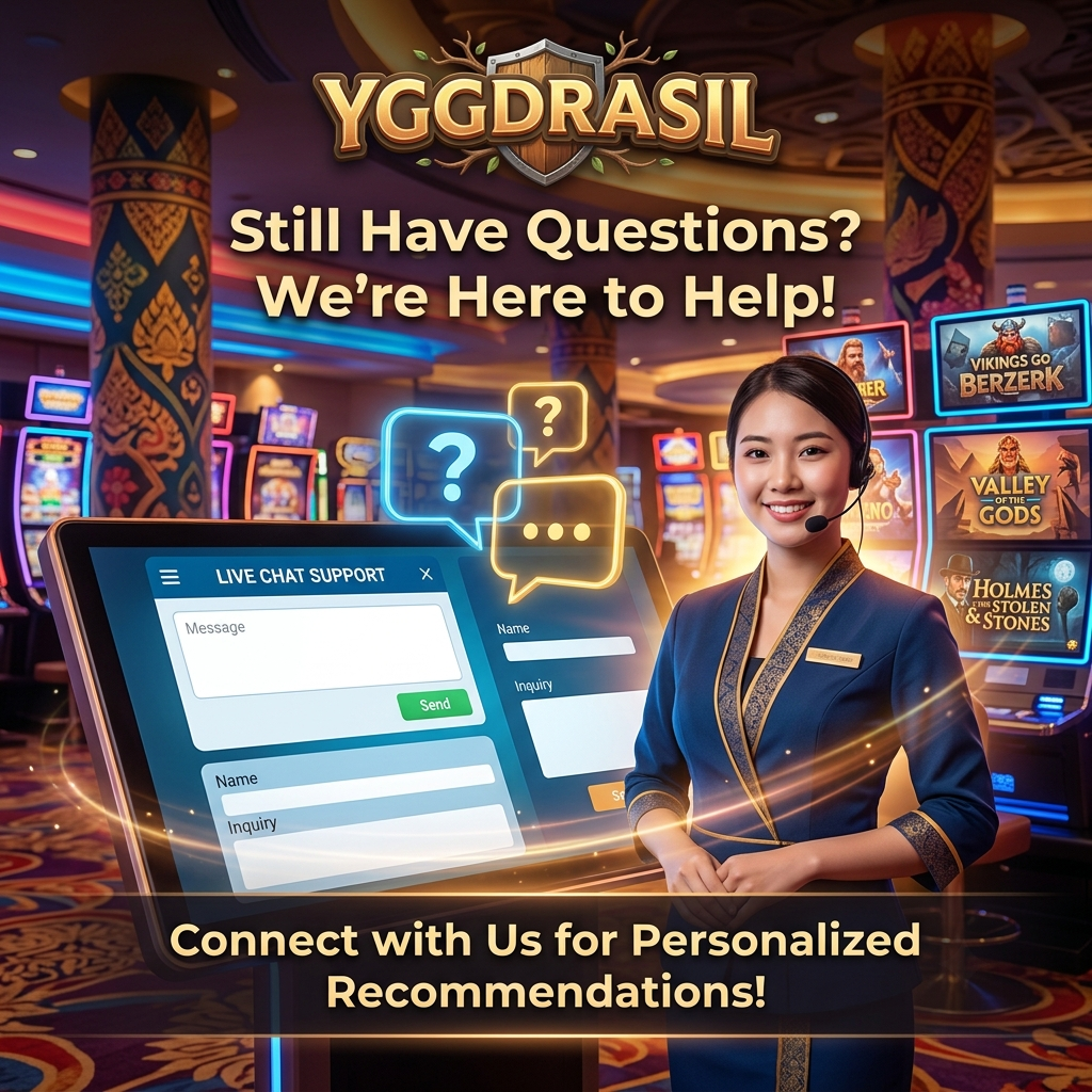A friendly 1:1 square image featuring a young Asian female presenter ready to assist gamers with their queries about Yggdrasil titles and bonuses. Set in a vibrant casino backdrop, the image incorporates visual elements representing communication and inquiries, highlighting our commitment to connecting with fellow gaming enthusiasts in Southeast Asia, complemented by the prominent YGGDRASIL logo.