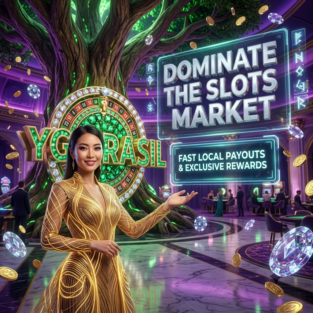 A hyper-realistic 3D image of a Young Asian female presenter in a luxury fantasy casino, showcasing Yggdrasil slots dominance with golden branding, vibrant lighting, and text highlighting fast local payouts and exclusive player rewards.